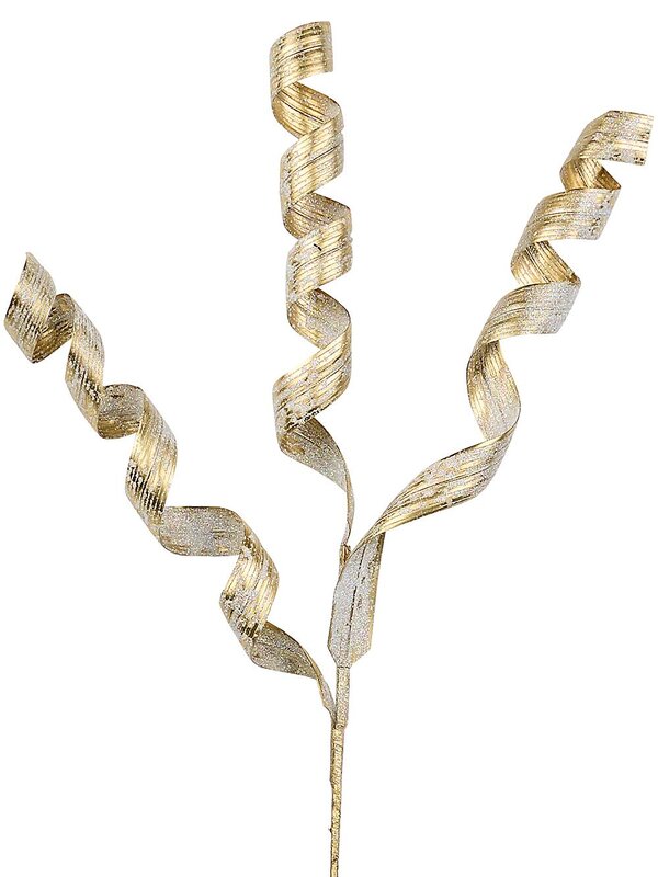 Gold Curly Ribbon Spray With Iridescent Glitter Long Christmas Stem | 62cm