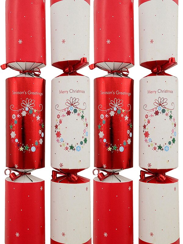 6x 29cm Shiny Red & White With Text & Wreath Christmas Cracker Bon Bons