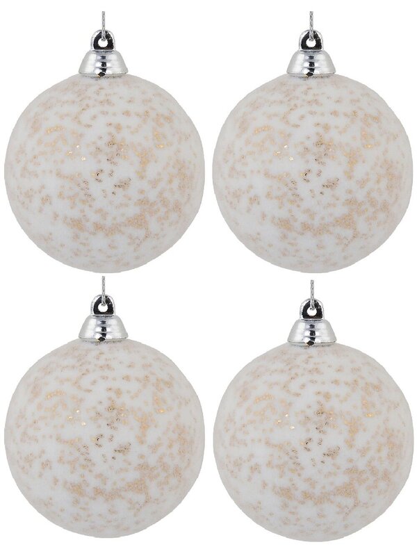 6x 60mm White Furry Foam Christmas Baubles With Champagne Flecks