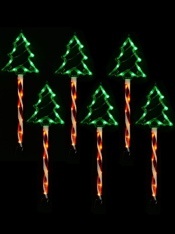 6x LED Christmas Tree & Spiral Path Lights - Hybrid Solar & Electric Stakes | 61cm