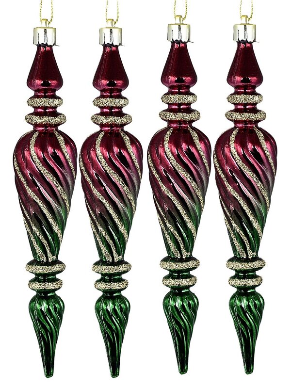 6x Red & Green Lustrous Signature Textured Icicle Finial Drop | 18cm