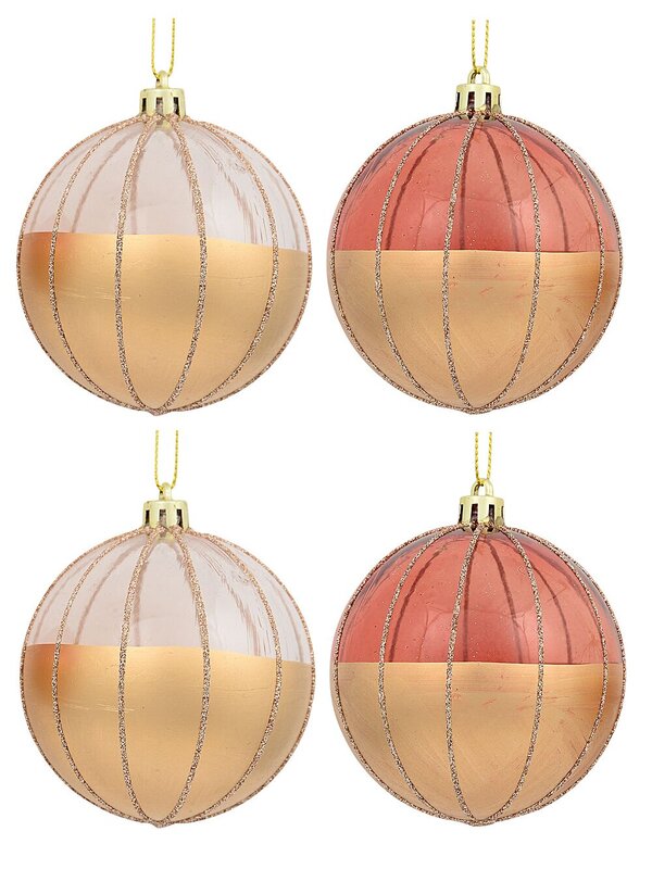 6x Timeless Gold Rose Gold & Clear Essential Glitter Striped Ball Bauble | 60mm
