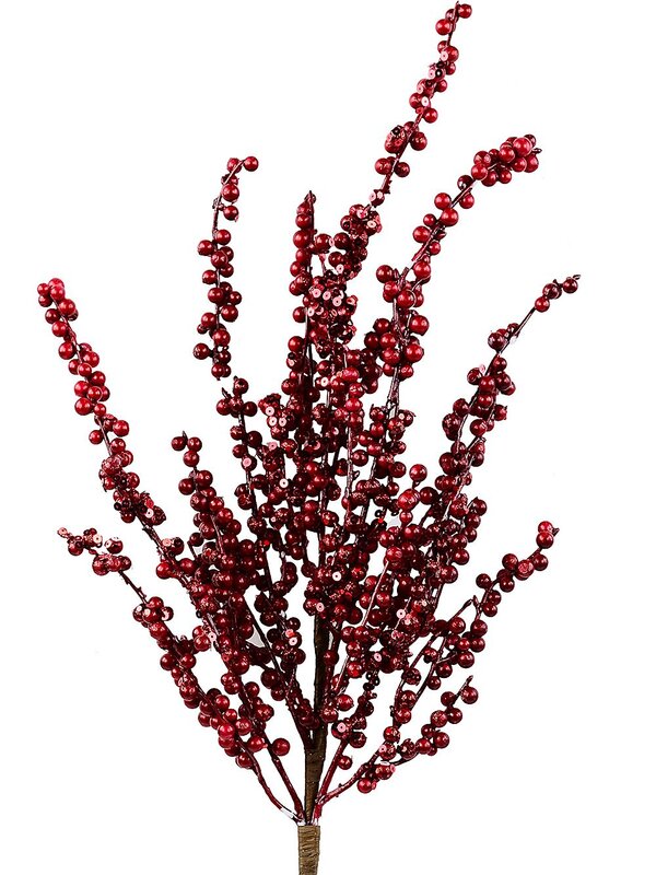 Deep Red Berry Spray With Sequins Long Christmas Stem | 70cm