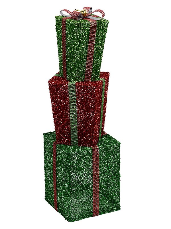 Tiered Green & Red Layered Tinsel Gift Boxes Large Display Decoration | 70cm