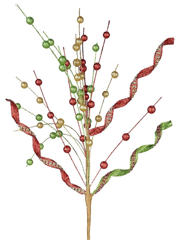 Red Green & Gold Glitter Balls & Curls Long Christmas Stem | 72cm