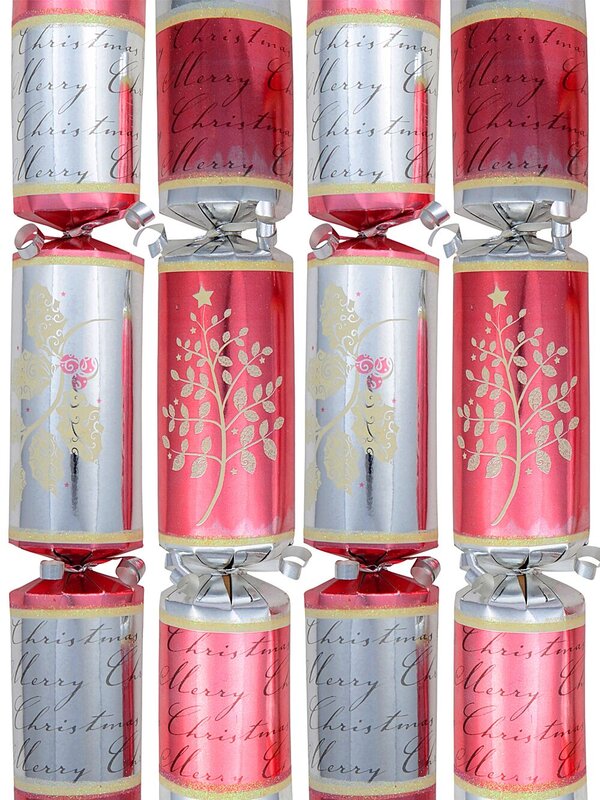 8 x 30cm Shiny Silver & Red With Holly Vine & Pick Pattern Christmas Bon Bons