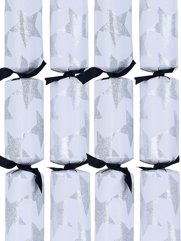 8 x 35cm White With Silver Glitter Stars Large Christmas Cracker Bon Bons