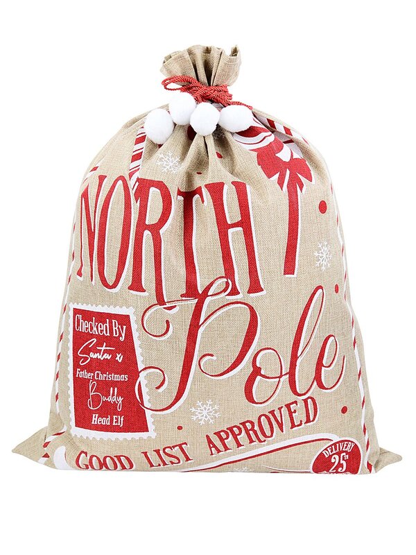 Jute North Pole Good List Approved Checked By Santa & Buddy Gift Sack | 80cm