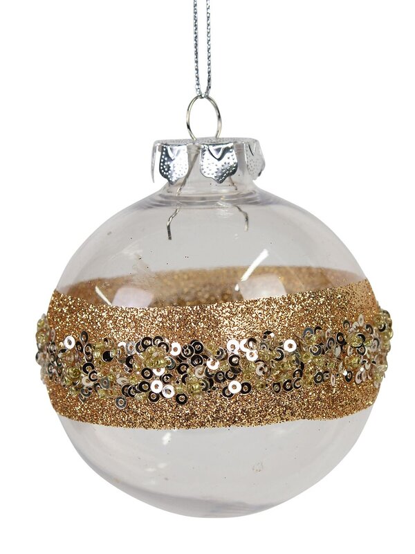 80mm Clear Christmas Ball Bauble With Rose Gold Glitter & Gold Sequin Band