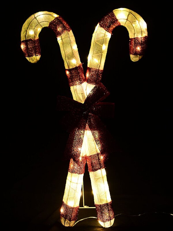 85cm Candy Canes & Bow Tinsel Mesh Outdoor Warm White LED Display