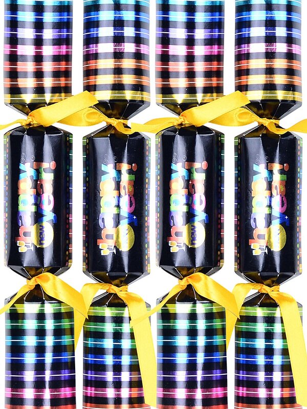 8x Happy New Year Rainbow On Black Funky Bon Bons (Crackers) | 30cm