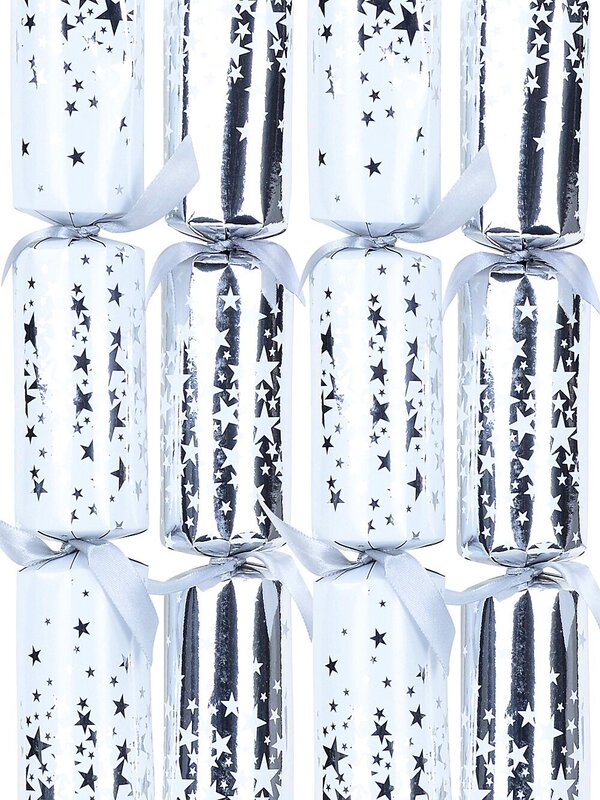 8x Silver & White With Stars Pattern Christmas Bon Bons (Crackers) | 30cm