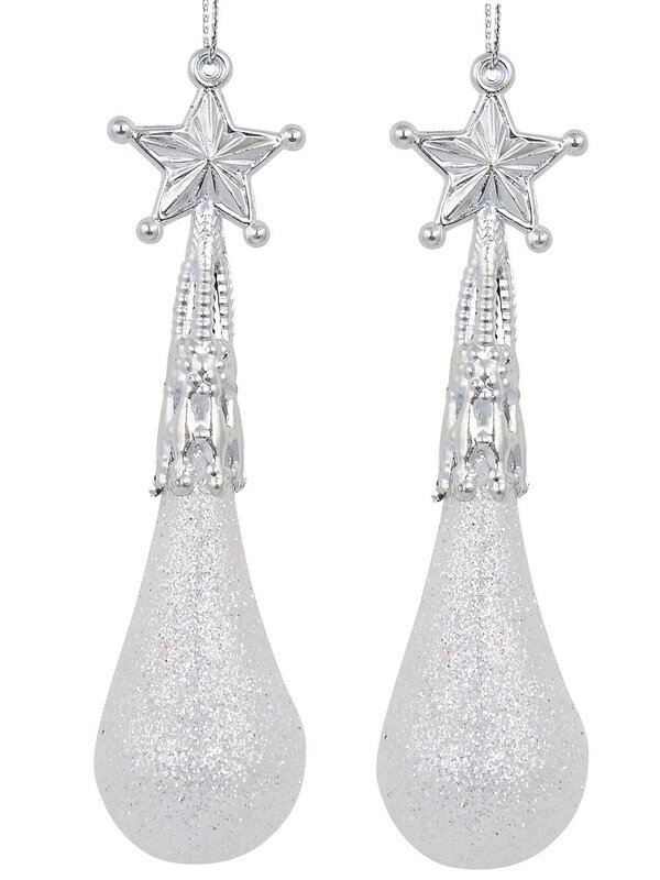 8x White Glitter Teardrop Icicle Whimsical Essential Ornaments | 11cm