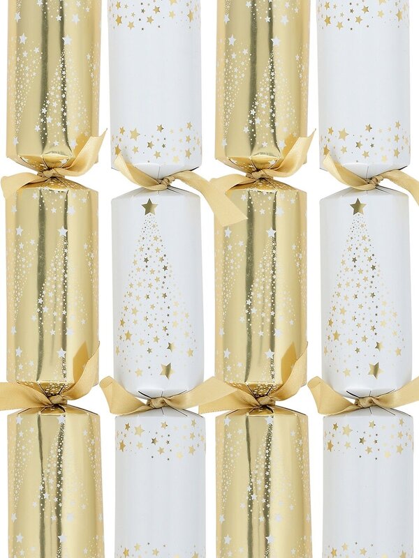 8x White & Shiny Gold Stars Christmas Tree Pattern Bon Bons (Crackers) | 29cm