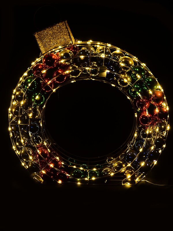 90cm Outdoor 3D Gold Wireframe Bauble LED Display With Metallic Baubles