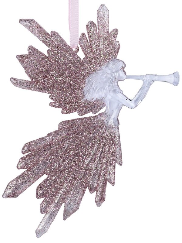 Angel With Pink & Iridescent Glitter Playing Trumpet Hanging Decoration - 17cm