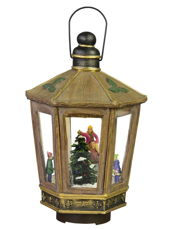 Animated, Musical & Illuminated Brushed Gold Lantern With Scene Inside - 28cm