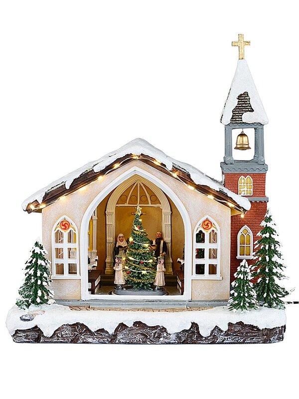 Animated Musical Vigil Of The Nativity Church With LED Rotating Tree | 35cm