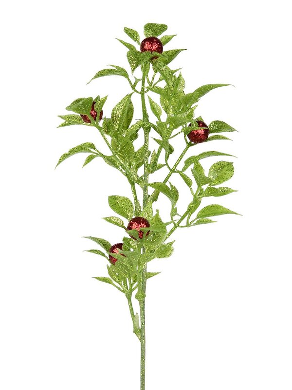 Apple Green Glittered Leaves Pick with Red Berries - 30cm