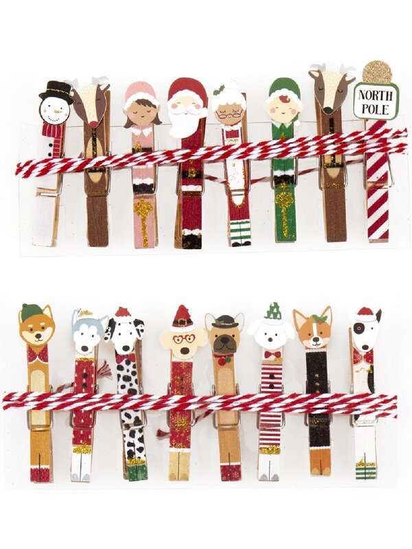 Assorted 8x 1.5m Wooden Christmas Icon Or Puppy Dog Pegs String