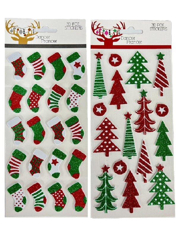 Assorted Christmas Tree Or Stocking Foil Stickers With Glitter