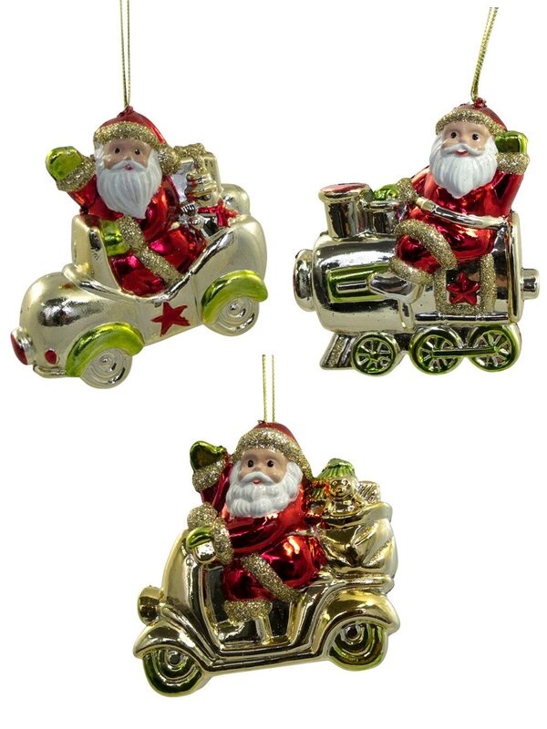 Assorted Glass-Like Santa With Vehicles Hanging Decorations - 3 x 75mm