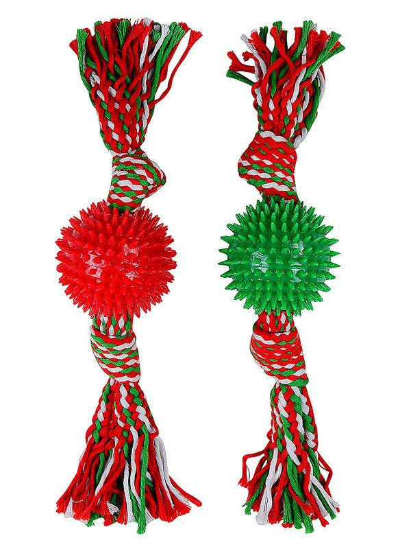 Assorted Red Or Green Spiky Ball Dog Toy with Tug Rope | Festive Pet Play