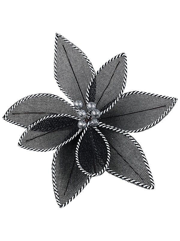 Black Mesh & White Twisted Cord Poinsettia Christmas Tree Clip Pick | 26cm