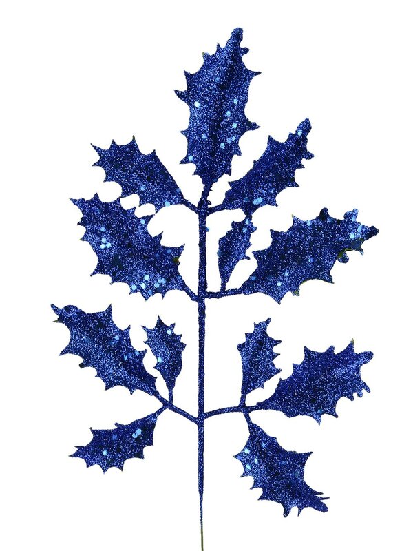 Blue Glittered Holly Leaf Pick - 15cm