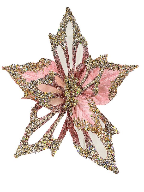 Blush Pink Long Poinsettia Pick with Silver & Gold Detail with Clip - 24cm