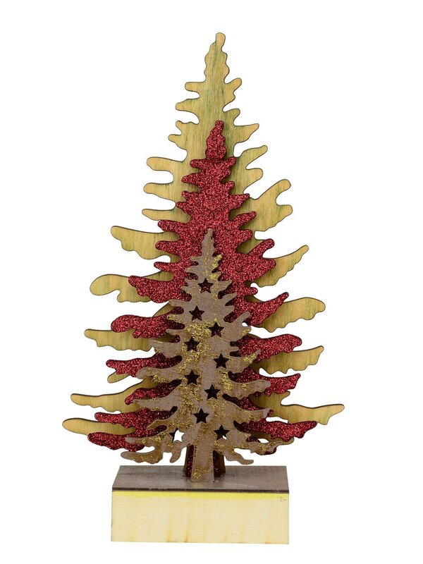 Brown, Red & Natural Wooden Christmas Trees Table Top Ornament - 28cm