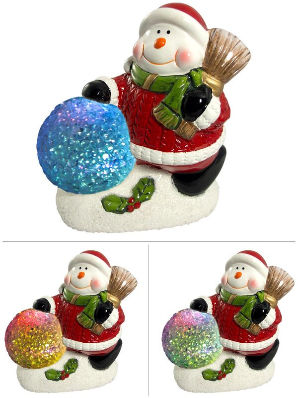 Ceramic Snowman With LED Acrylic Snowball - 12cm