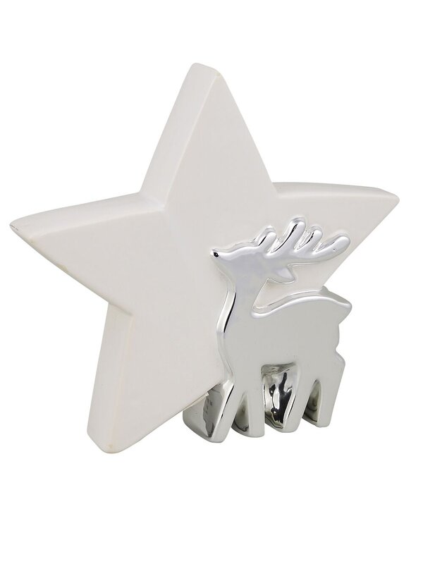 Ceramic Standing Star Ornament with Reindeer in White & Silver - 18cm