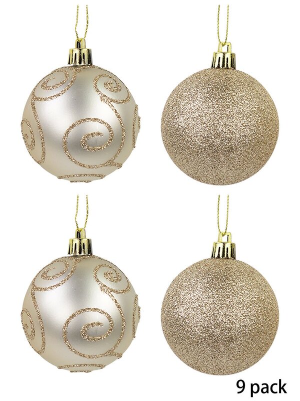 Champagne Glitter & Pearl With Champagne Glitter Swirl Baubles - 9 x 60mm