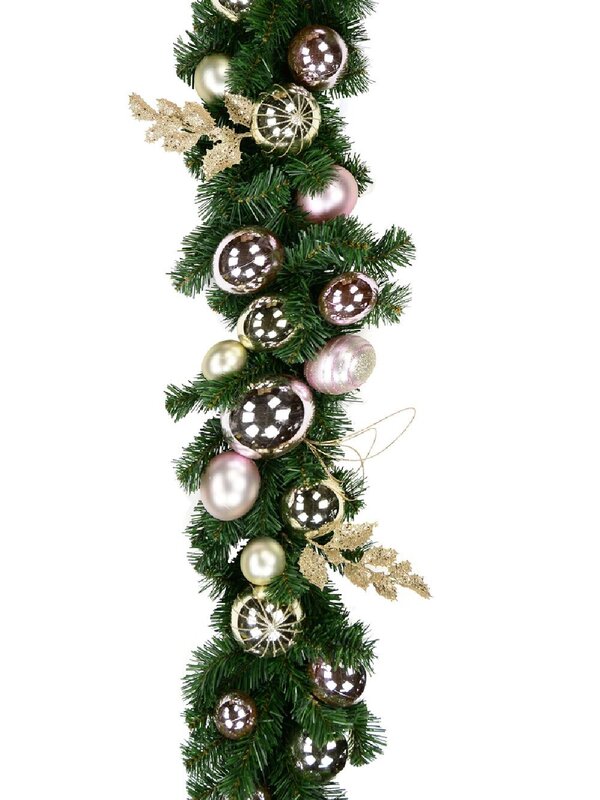 Champagne & Pink Bauble, Holly Leaf & Whisker Loops Christmas Garland - 2.7m