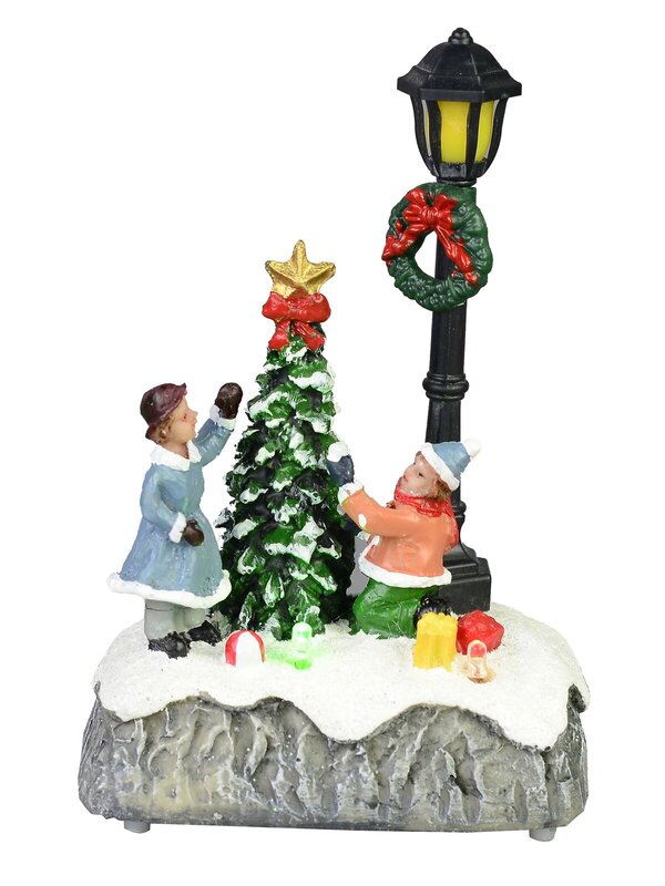Children By A Christmas Tree & Lamp Post Scene With LED Lights - 15cm