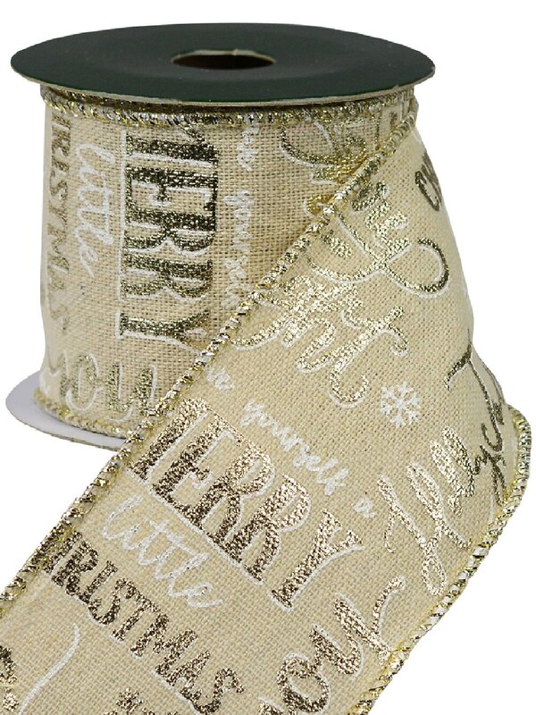 Christmas Font On Natural Look Christmas Ribbon With Silver Edging - 3m