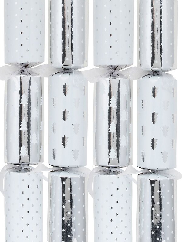 Christmas Jingle Shiny Silver & White Tree & Dots Pattern Bon Bons - 10 x 34cm