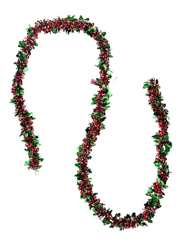 Classic 4ply Red Ribbon & Green Holly Christmas Tinsel Garland | 2.7m x 90mm