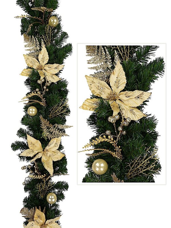 Classic Gold & Champagne Garland With Poinsettias, Baubles & Berries - 1.8m