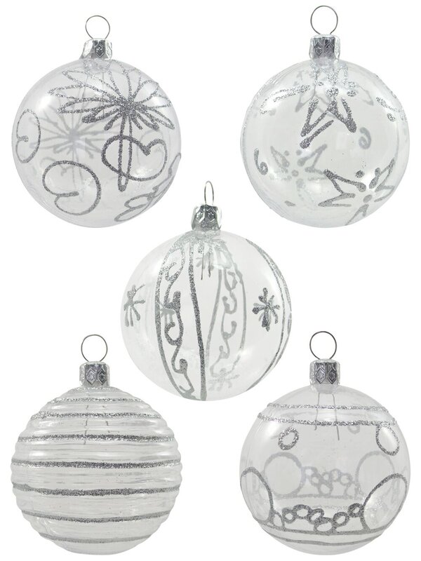 Clear Baubles With Assorted Glittered Pattern - 9 x 60mm