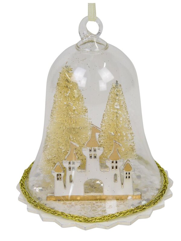 Clear Bell with Gold Trees & Castle Christmas Tree Hanging Decoration - 12cm