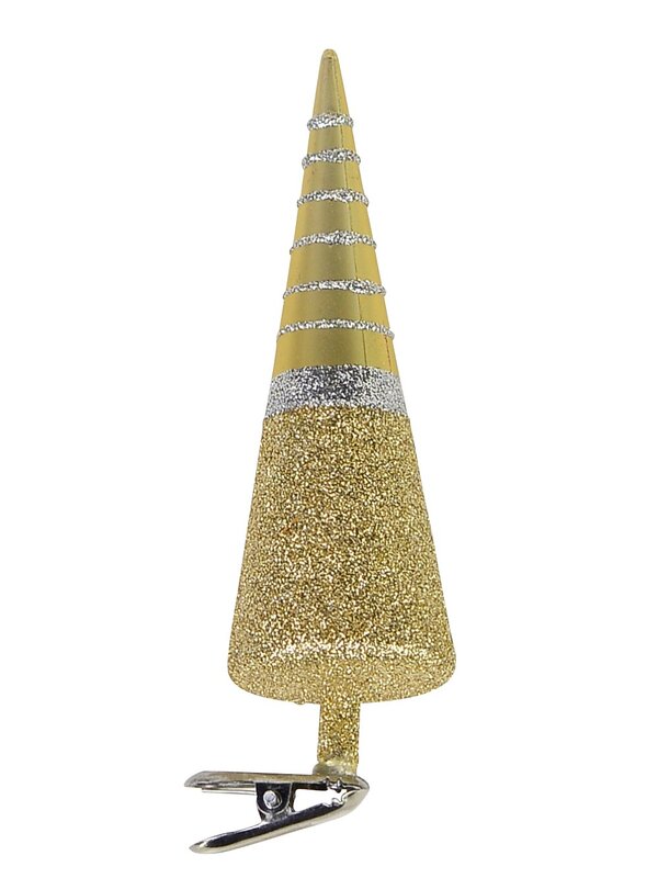 Cone Shape Tree with Clip On Ornament in Gold & Silver - 13cm