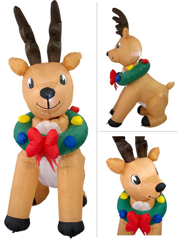 Cute Illuminated & Animated Reindeer With Wreath Inflatable - 70cm