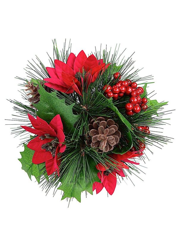 Decorated Ball Of Mistletoe Leaves, Berries, Poinsettia & Pine Cones - 21cm