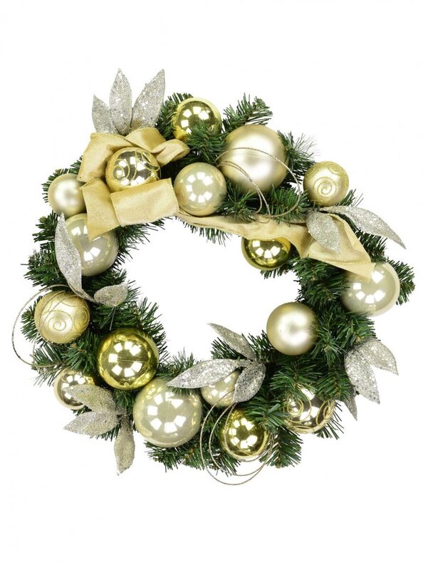 Decorated Gold & Champagne Bauble, Leaf & Ribbon Bow Pine Wreath - 45cm