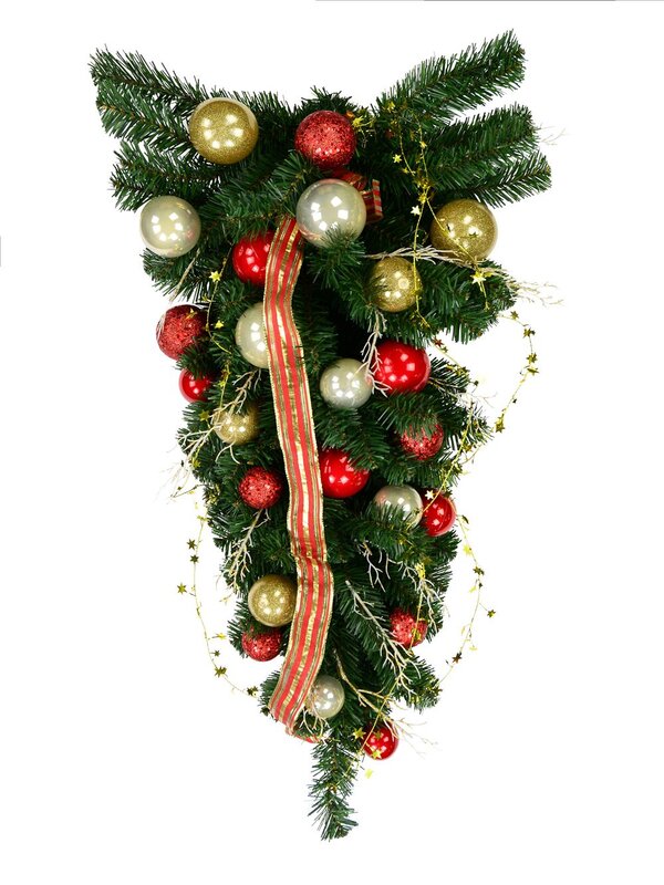 Decorated Red & Gold Bauble, Ribbon & Twigs Pine Teardrop Swag - 90cm