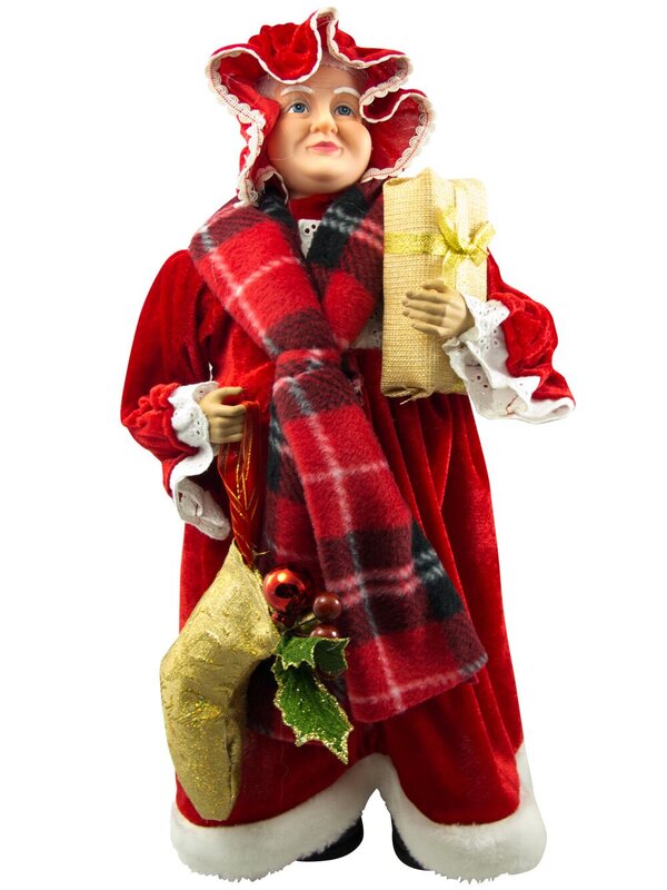 Decorative Mrs Claus With Tartan Shawl & Gifts - 46cm