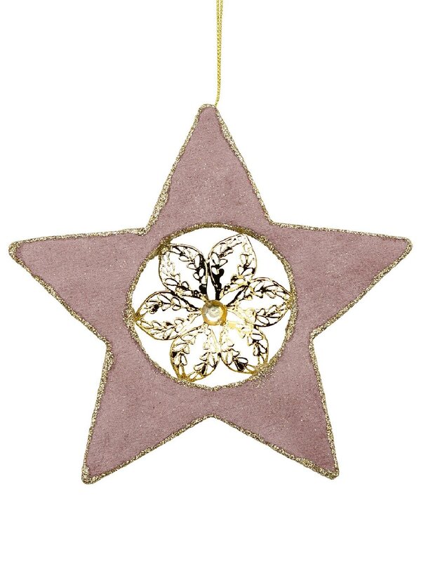 Dusty Pink Velvet Christmas Star With Poinsettia Hanging Decoration - 16cm