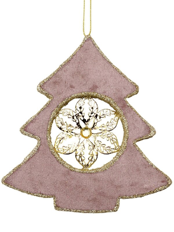 Dusty Pink Velvet Christmas Tree With Poinsettia Hanging Decoration - 15cm
